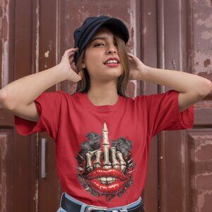 Skeleton Middle Finger Lips Graphic T Shirt โ Edgy Streetwear Skull Hand Tee